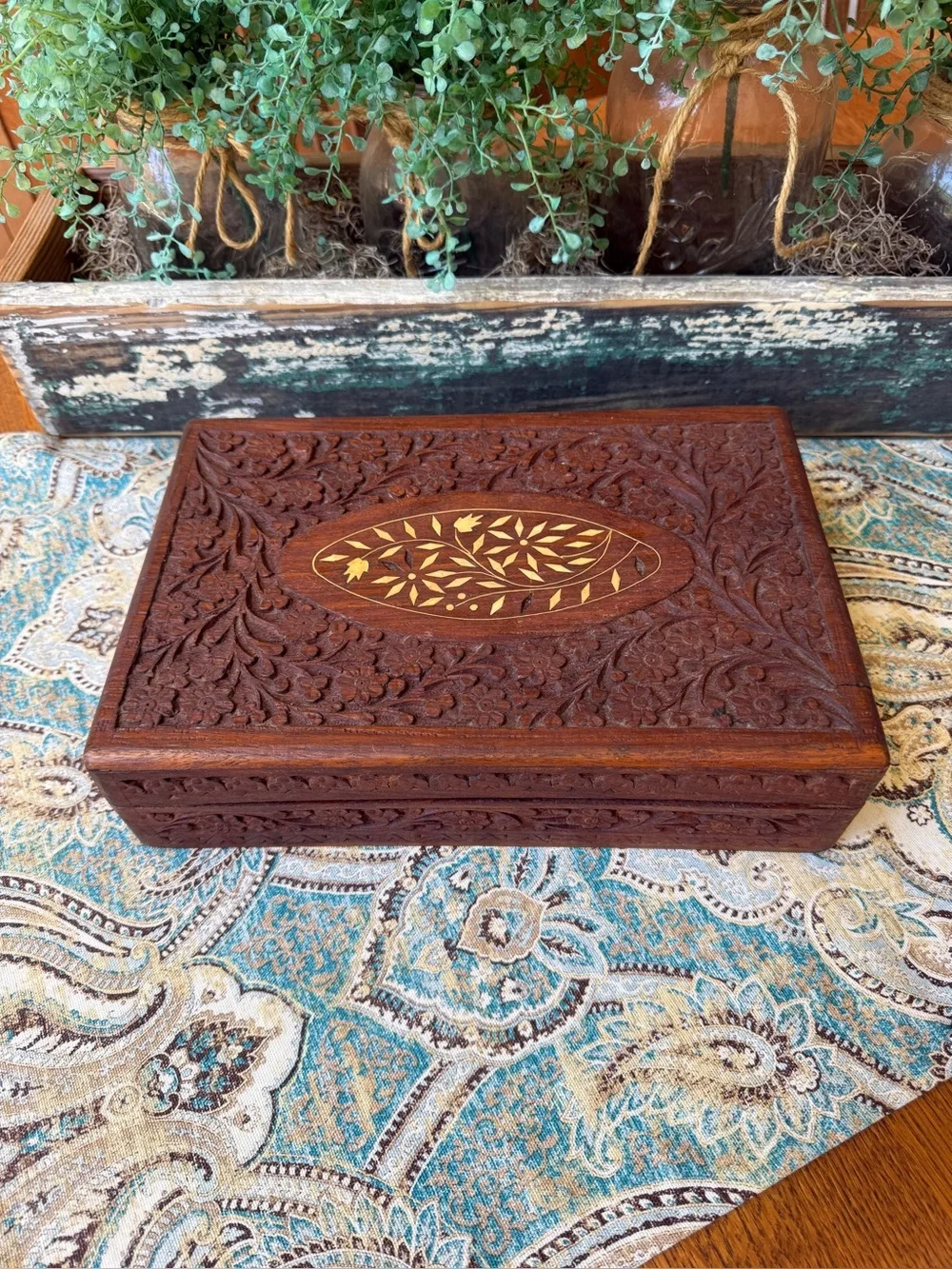 Carved Wood Jewelry Box Floral Inlay Large Keepsake Chest Vintage